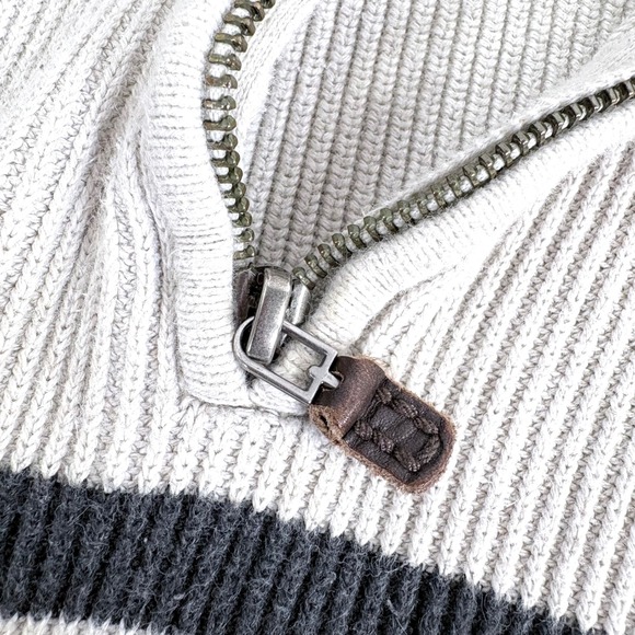 Eddie Bauer Quarter Zip Sweater Cream Striped Ribbed Knit Mens Large Pullover - Picture 6 of 9